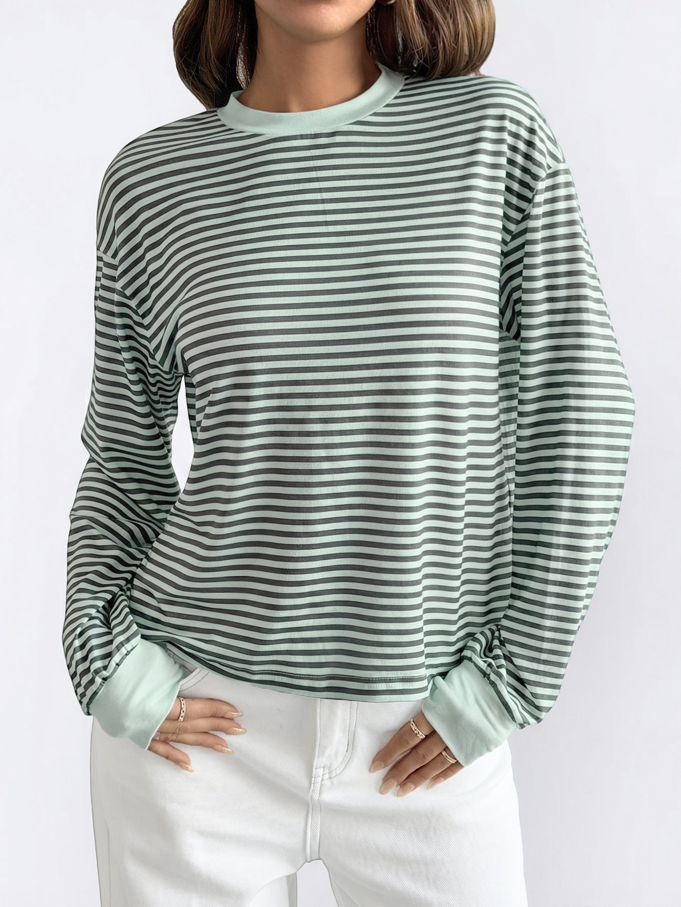 Pink Black Striped Long Sleeve Crew Neck Casual Tee