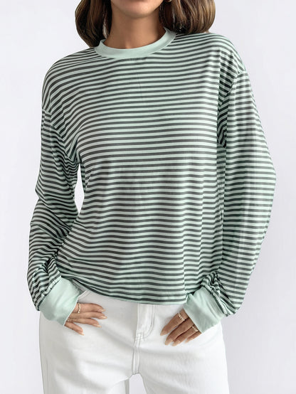 Pink Black Striped Long Sleeve Crew Neck Casual Tee