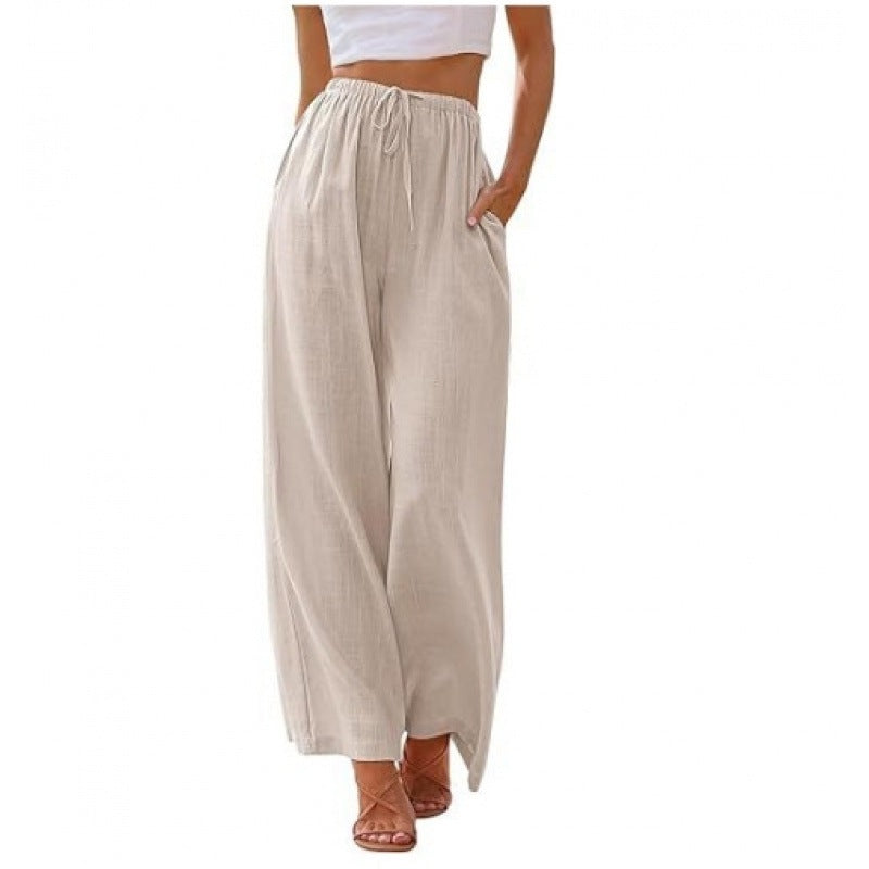 Women's Linen Wide Leg Pants Drawstring Elastic Waist