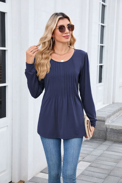 Women's Long Sleeve Pleated Tunic Top Loose Casual Blouse