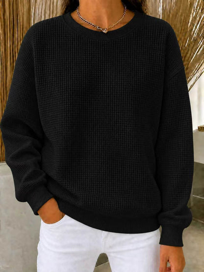 Women's Waffle Knit Oversized Crew Neck Long Sleeve Top