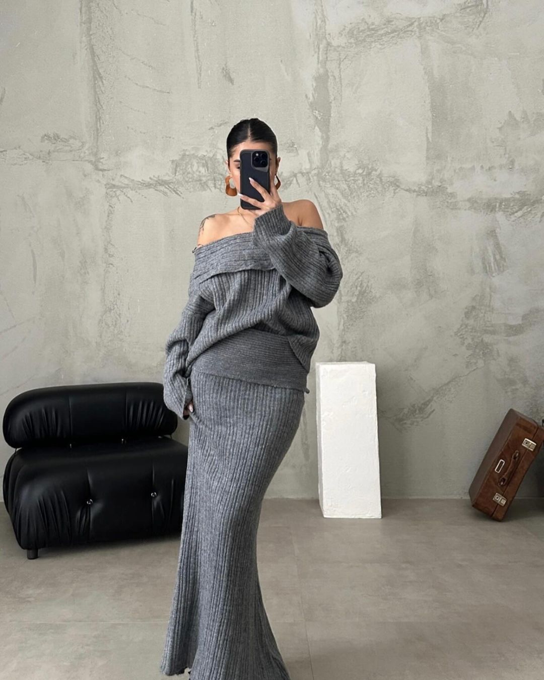 Off Shoulder Knit Sweater & Maxi Skirt Two Piece Set