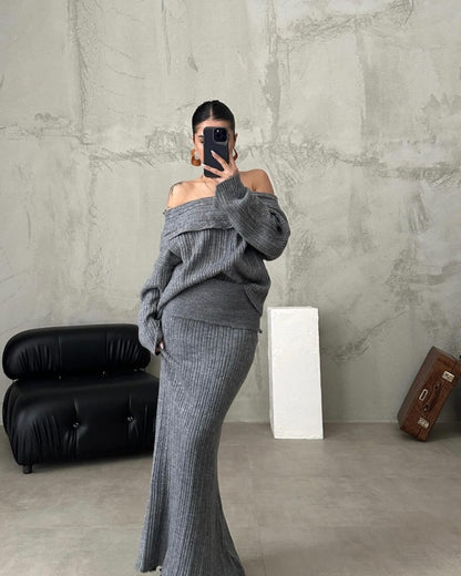 Off Shoulder Knit Sweater & Maxi Skirt Two Piece Set