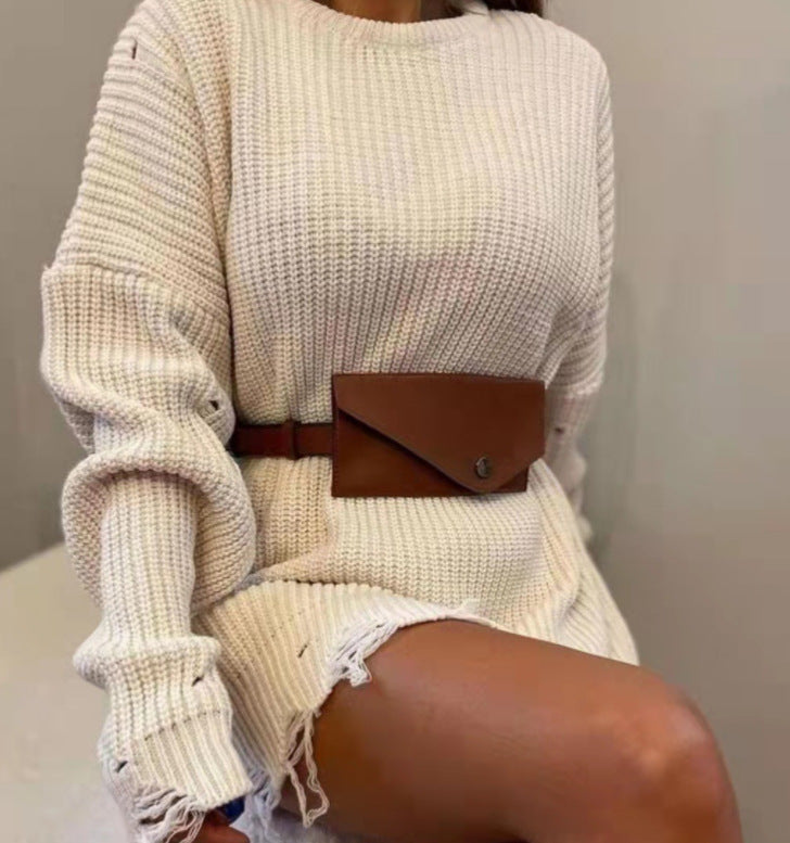 Women's Oversized Distressed Sweater Dress Crew Neck