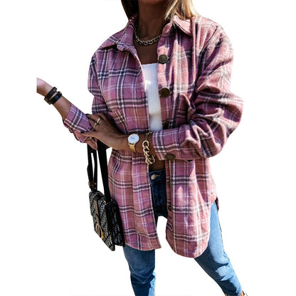 Plaid brushed shacket oversized button front