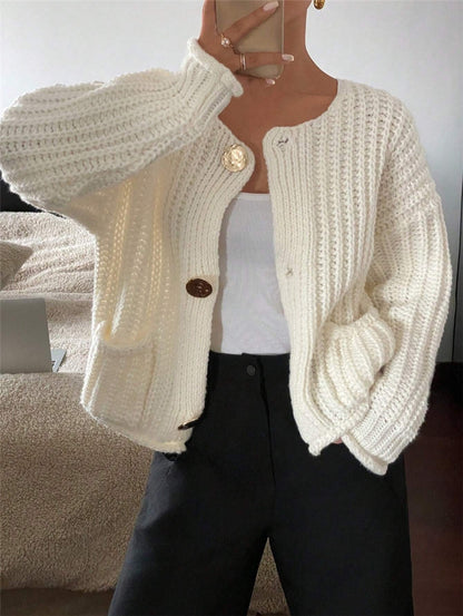 Chunky Knit Cardigan Oversized Button Front Pocket