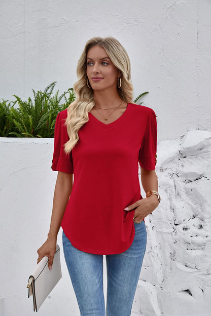 Solid Color V Neck Button Sleeve Puff Top Casual Tee