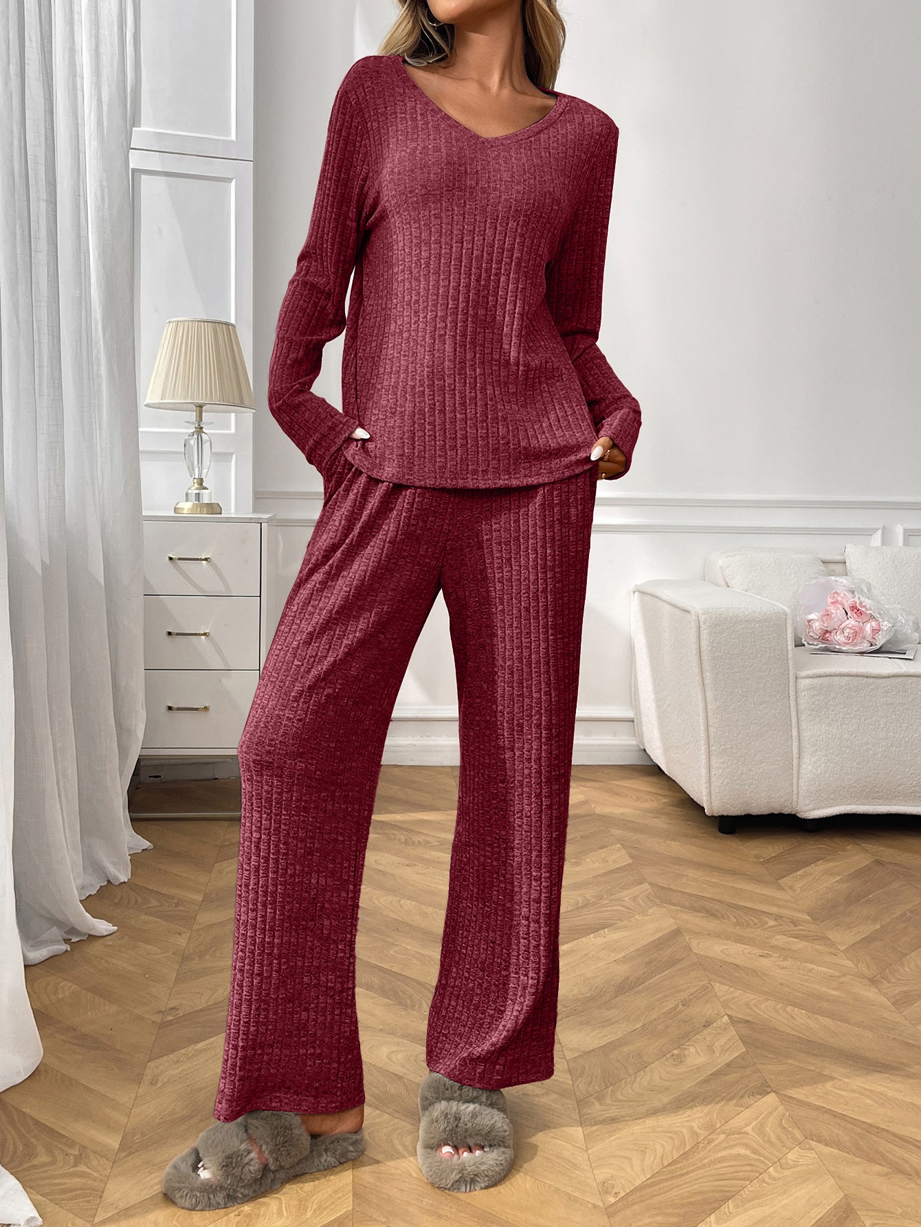 Cozy Ribbed V Neck Lounge Set with Wide Leg Pants