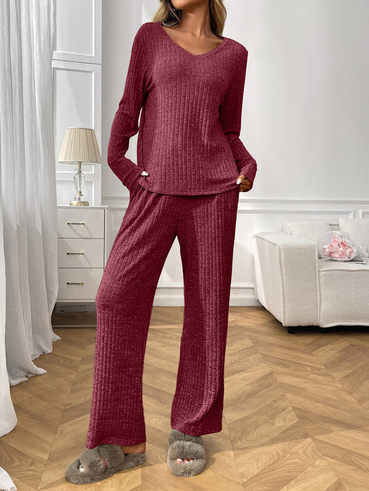 Cozy Ribbed V Neck Lounge Set with Wide Leg Pants