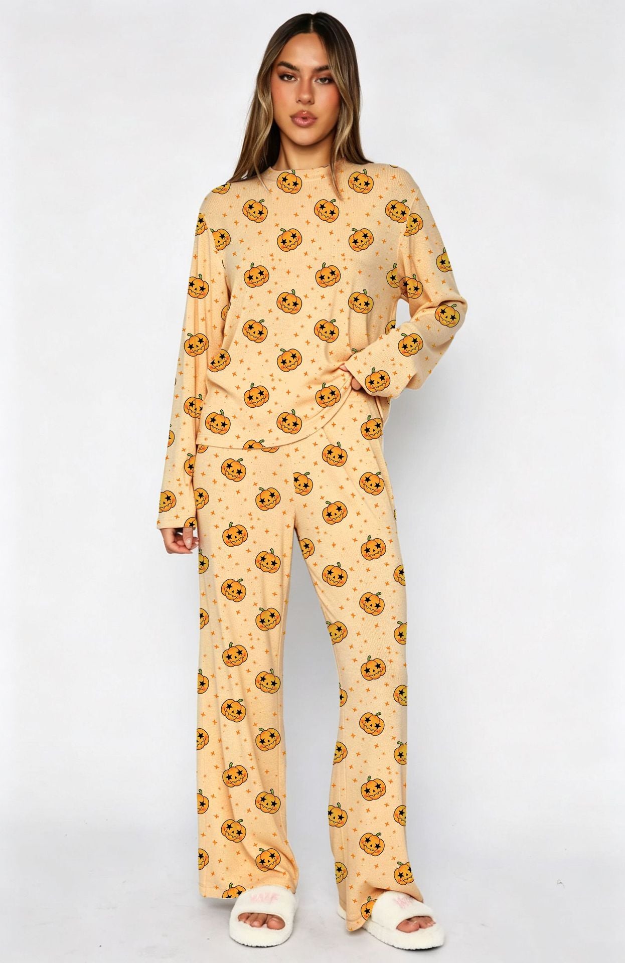 Womens Halloween Pumpkin Pajama Set Long Sleeve