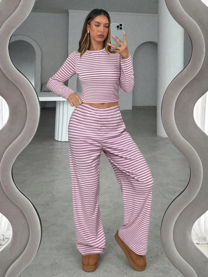 Brown Striped Long Sleeve Top & Wide Leg Pants Two-Piece Set