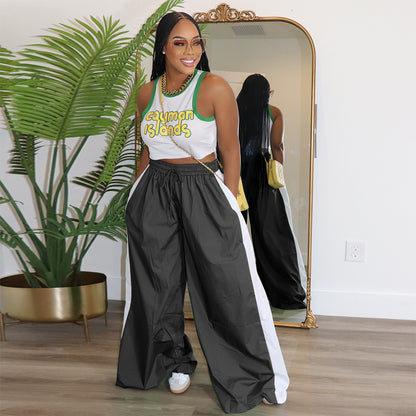 Women Sporty Color Block Wide Leg Pants Loose Side Stripe
