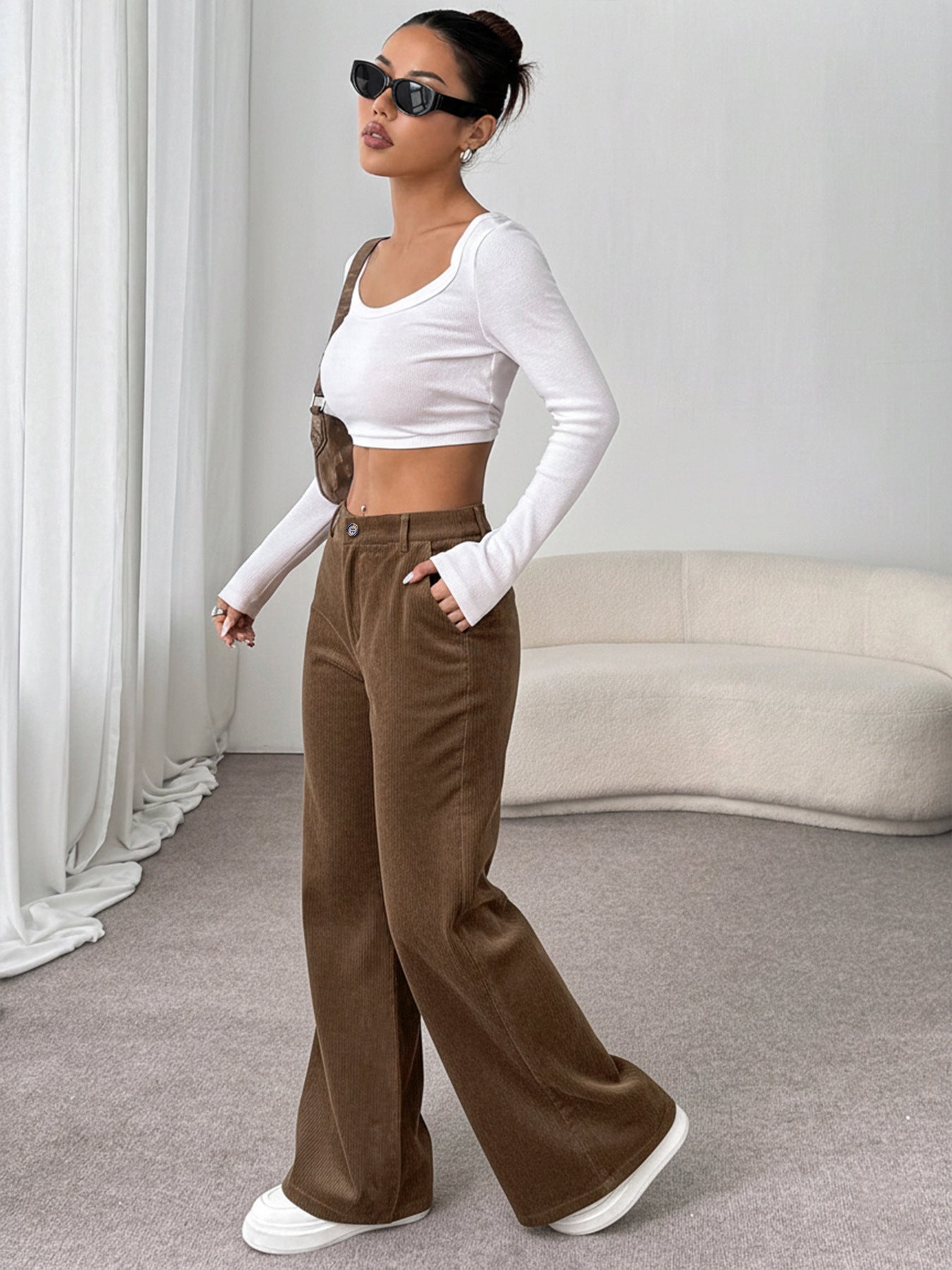 High Waist Corduroy Wide Leg Trouser Pants