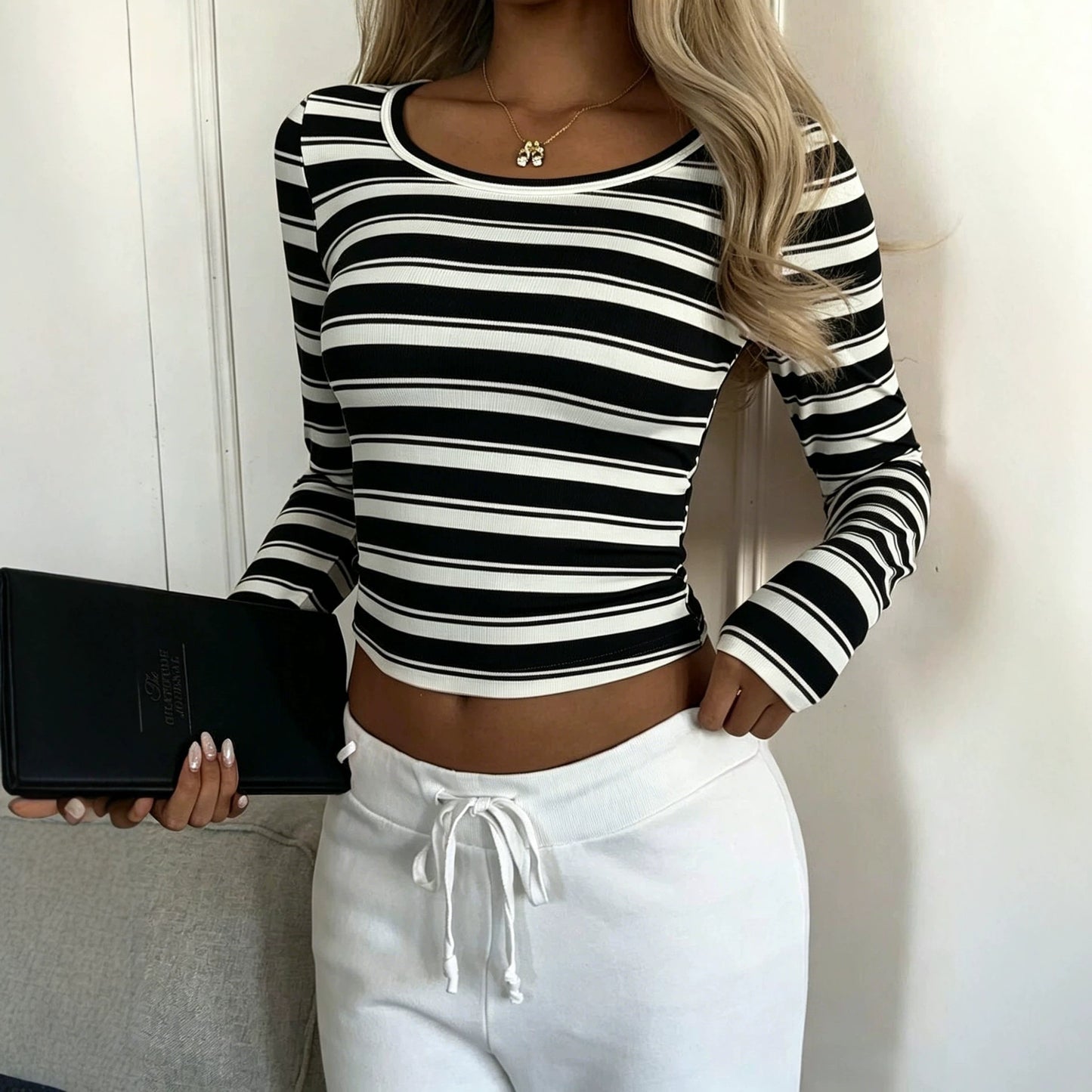 Stripe Ribbed Fitted Crop Top Crew Neck Long Sleeve Tee