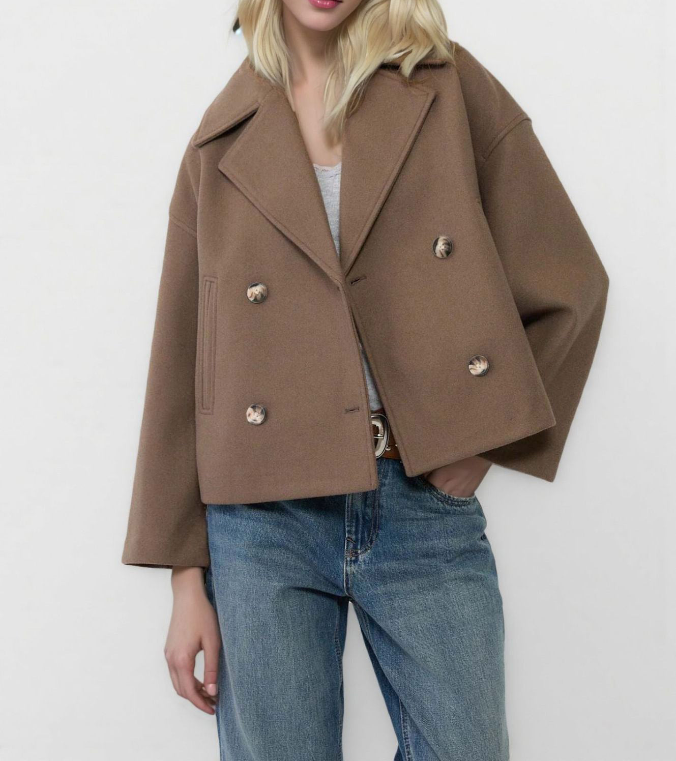 Women's Cropped Double Breasted Wool Coat Jacket