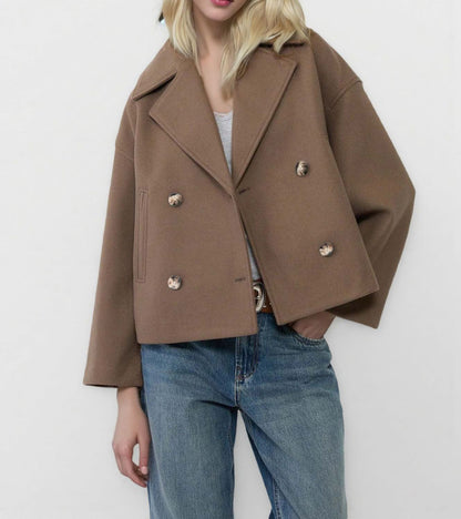 Women's Cropped Double Breasted Wool Coat Jacket