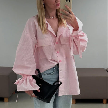 Oversized Pink Striped Flare Sleeve Button Down Shirt