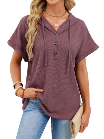 Waffle Knit Hooded Short Sleeve Button Drawstring Top