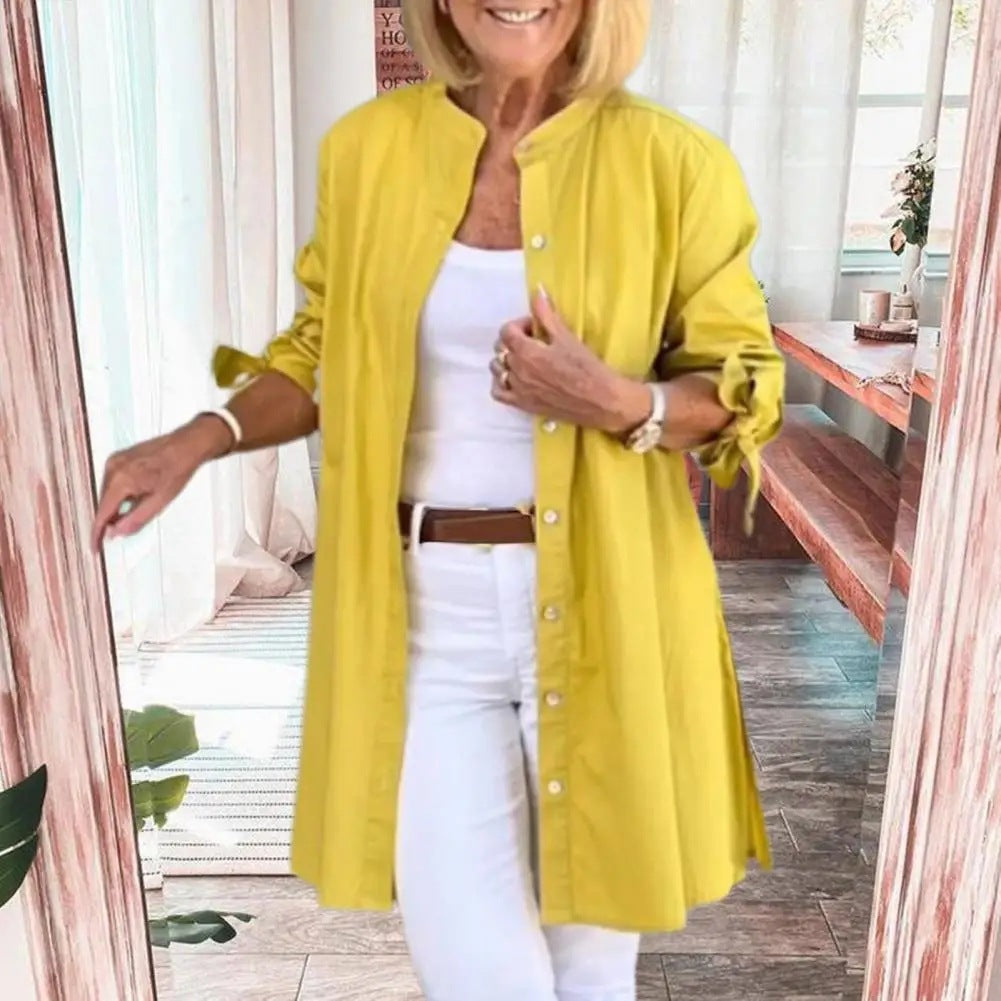 Women's Cotton Button Front Tie Sleeve Tunic Blouse