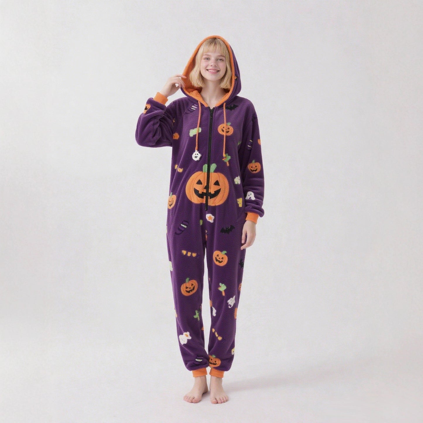 Women's Halloween Pumpkin Hooded Fleece Onesie