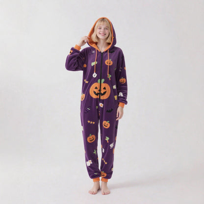 Women's Halloween Pumpkin Hooded Fleece Onesie