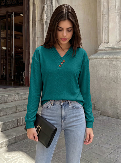 Women's Casual V-Neck Button Long Sleeve Loose Tunic Top