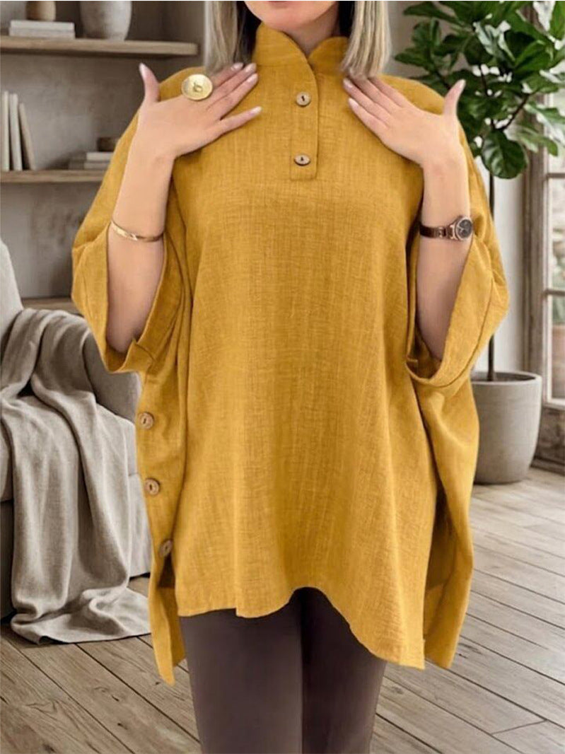 Oversized Button Tunic Elbow Sleeve Side Split Plus Size