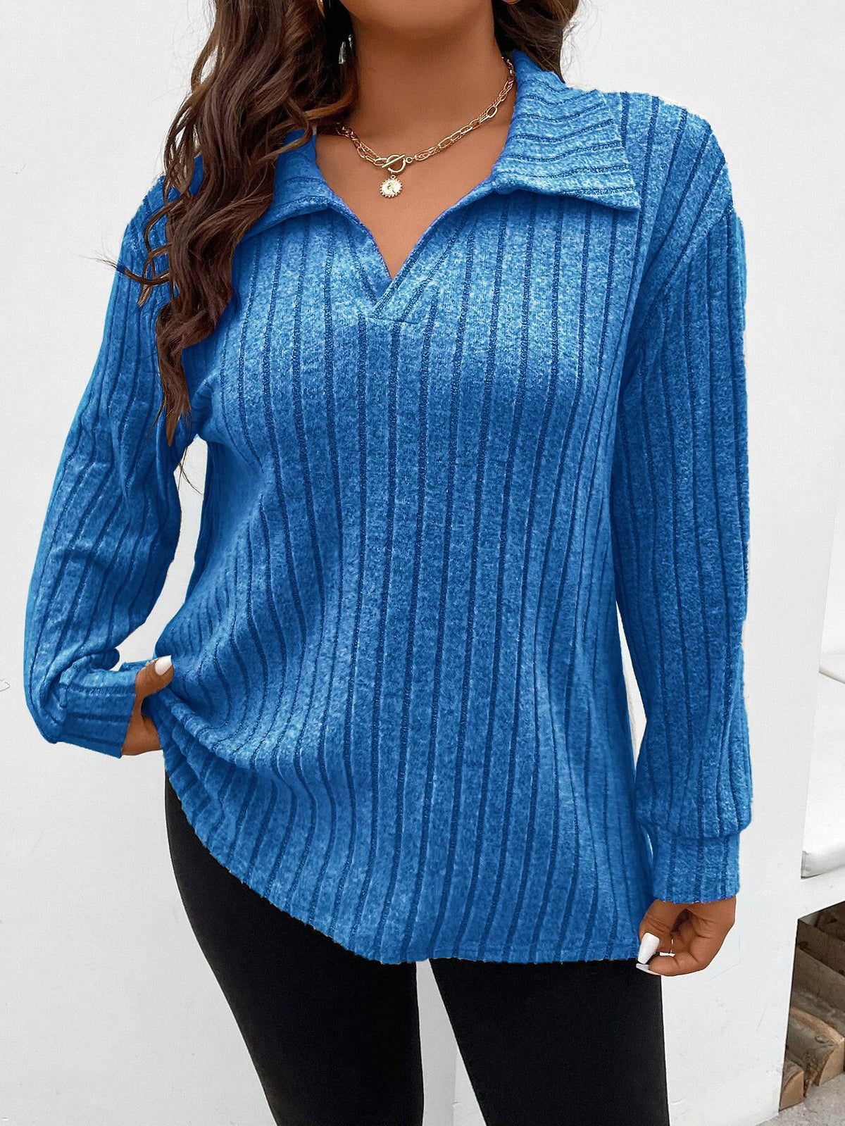 Plus Size Ribbed Long Sleeve Collared V-Neck Tunic Top