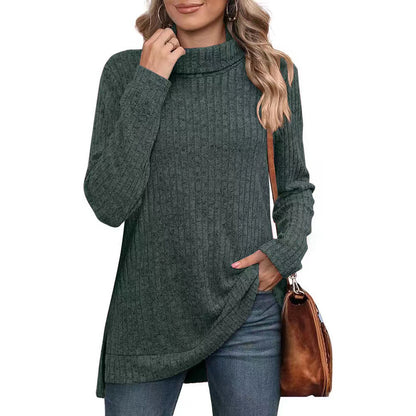 Oversized Ribbed Turtleneck Tunic Top Side Split
