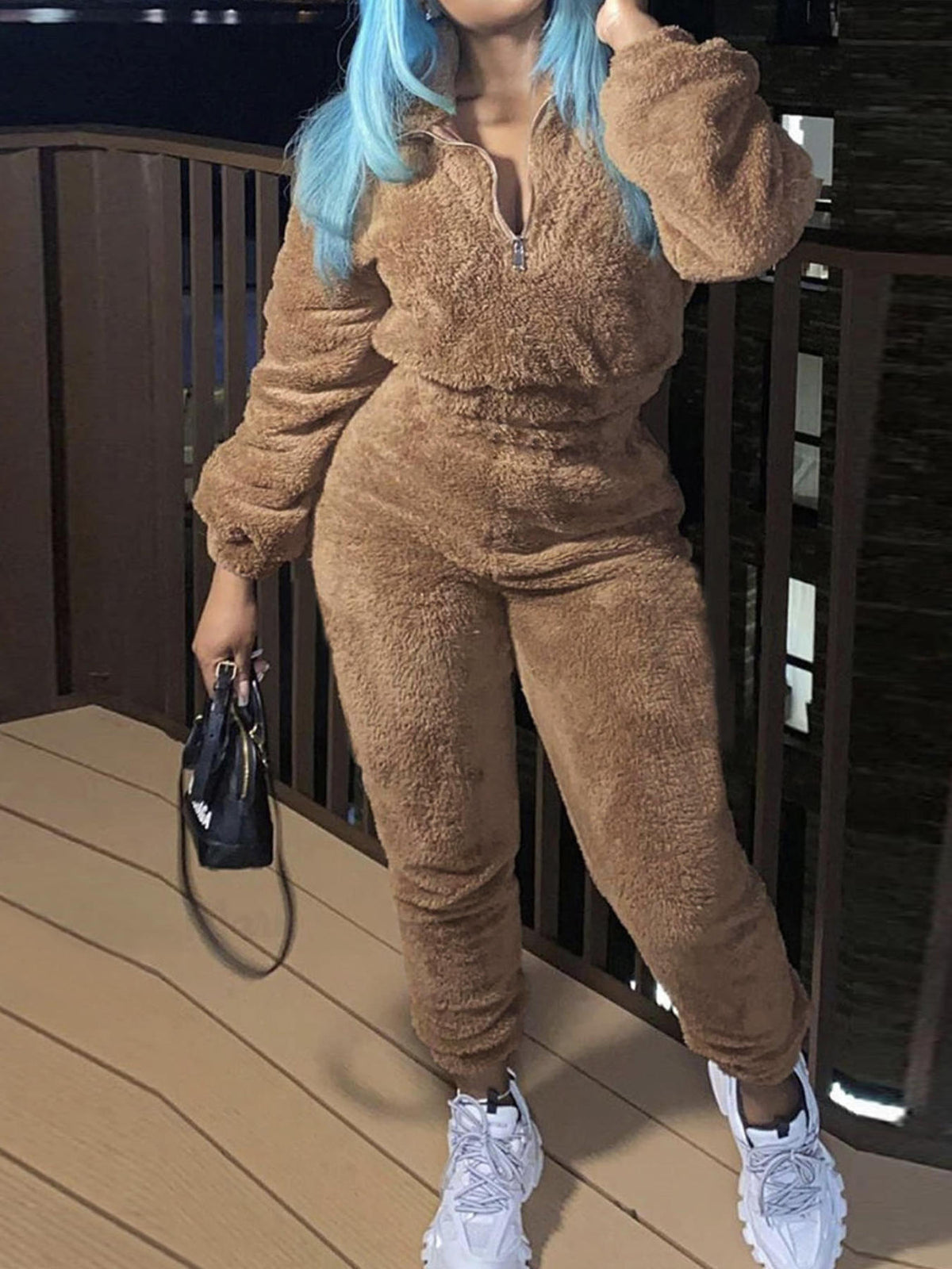 Womens Sherpa Fleece Half Zip 2 Piece Jogger Set