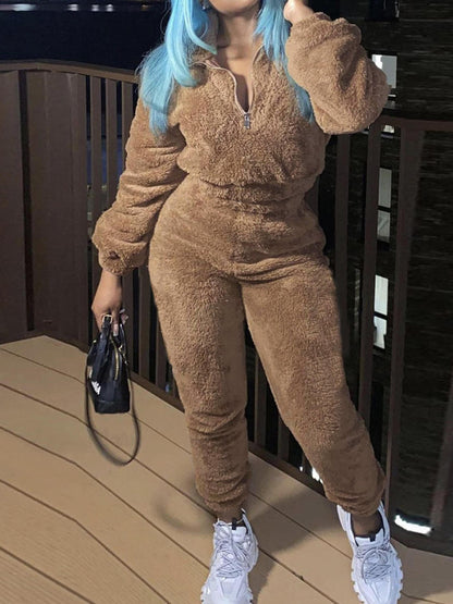 Womens Sherpa Fleece Half Zip 2 Piece Jogger Set