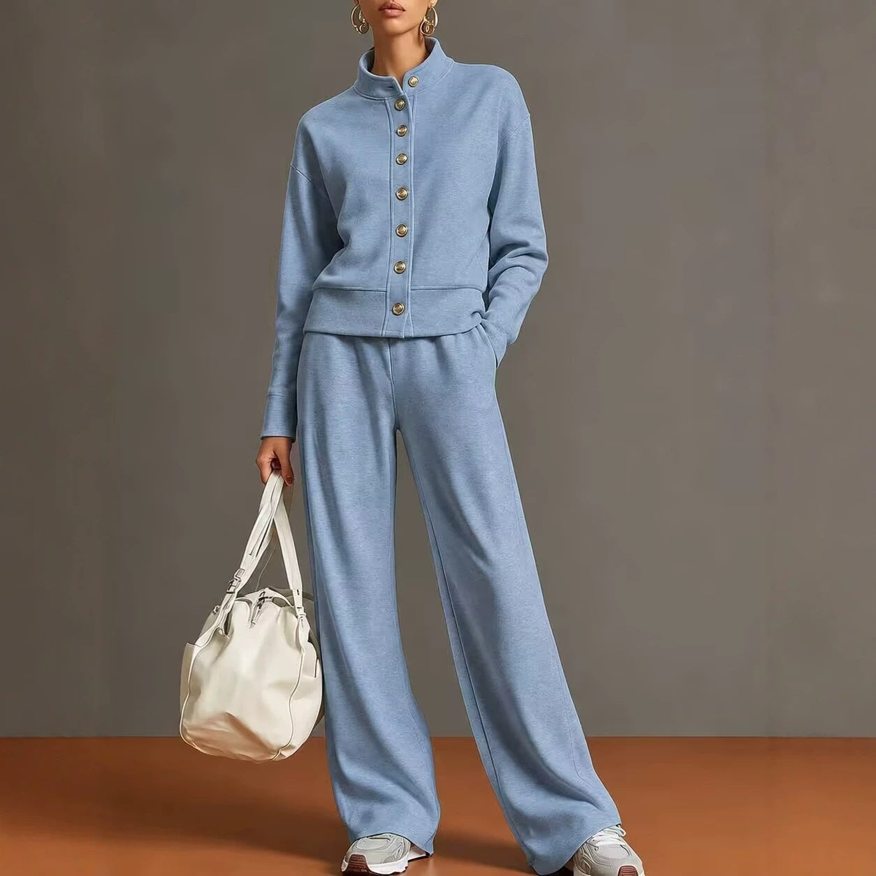 Women's 2 Piece Button Front Sweatshirt Wide Leg Set