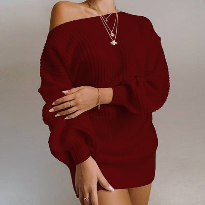 Off Shoulder Balloon Sleeve Ribbed Sweater Dress