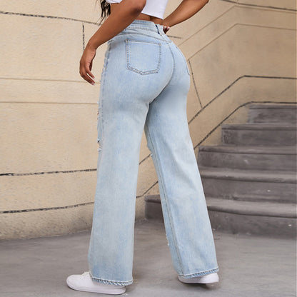 Ripped Denim Wide Leg Pants High Waist Casual Jeans
