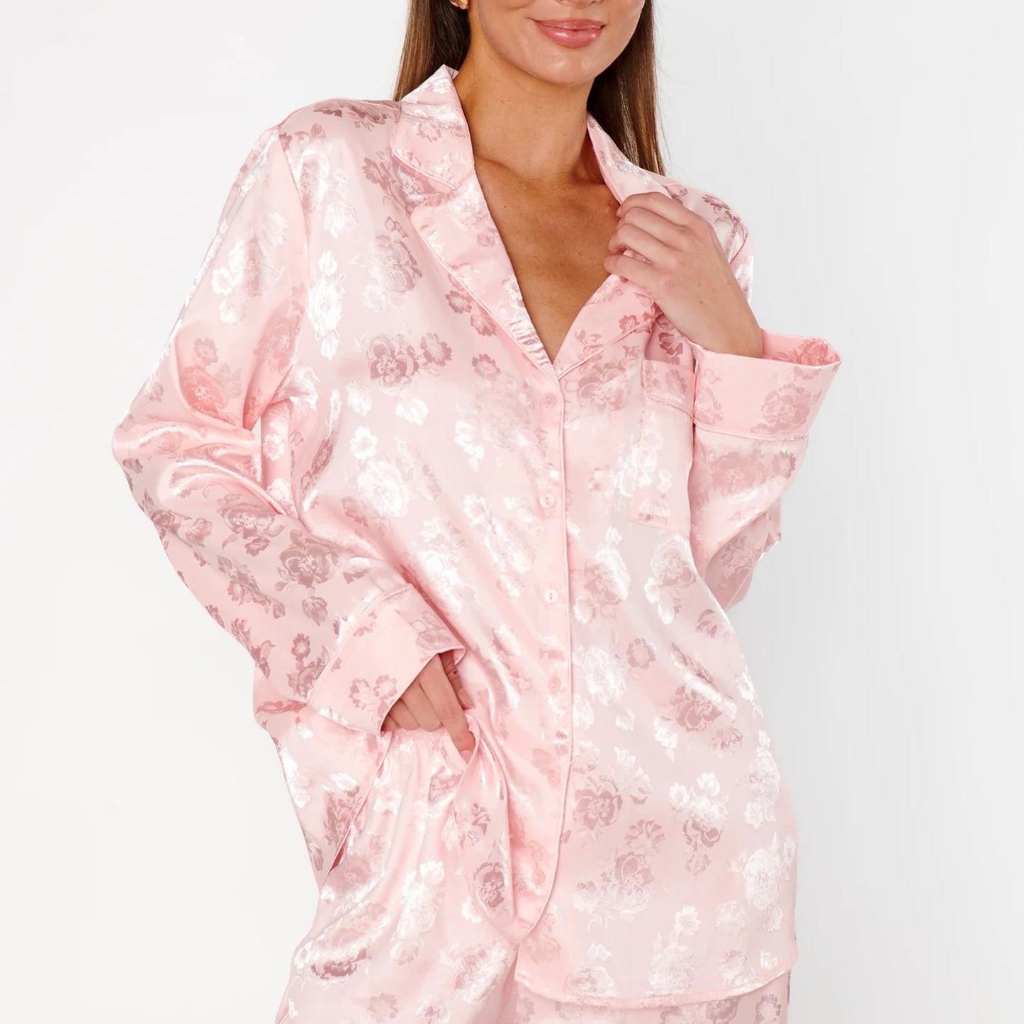 Women's Satin Jacquard Pajama Set Button Up Long Sleeve