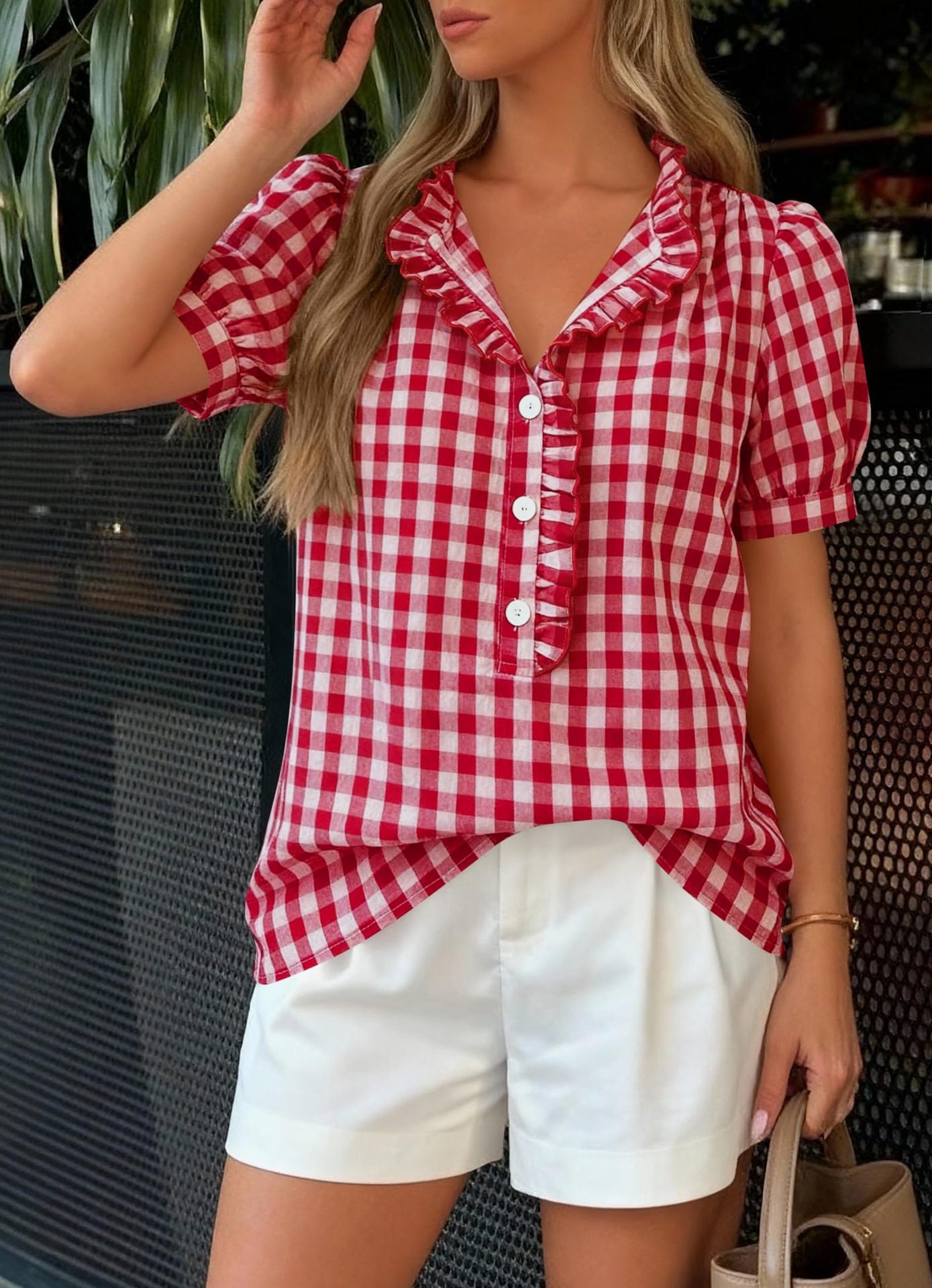 Gingham Ruffle Puff Sleeve Button Blouse Top