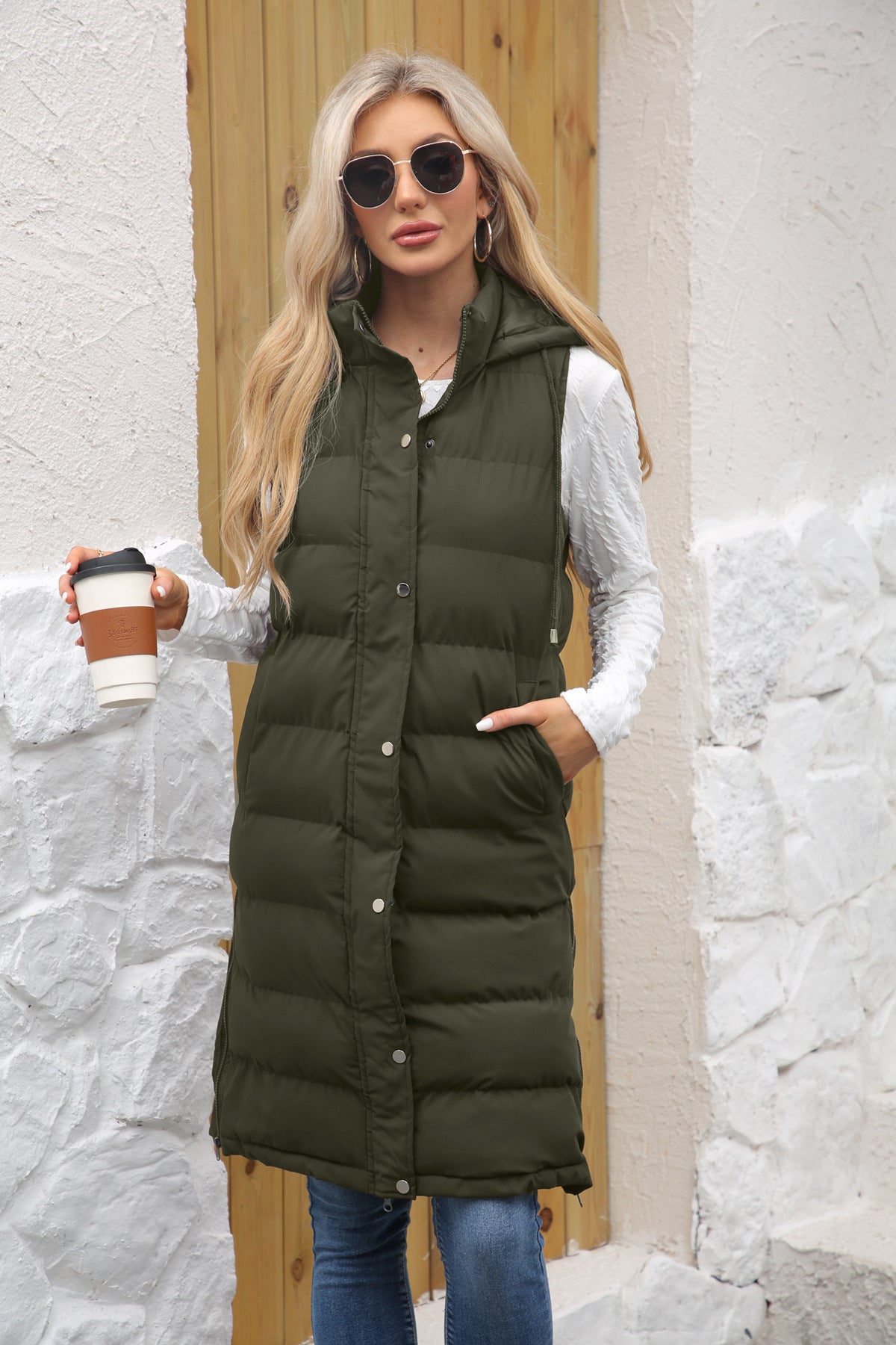 Women's Long Hooded Sleeveless Quilted Puffer Vest