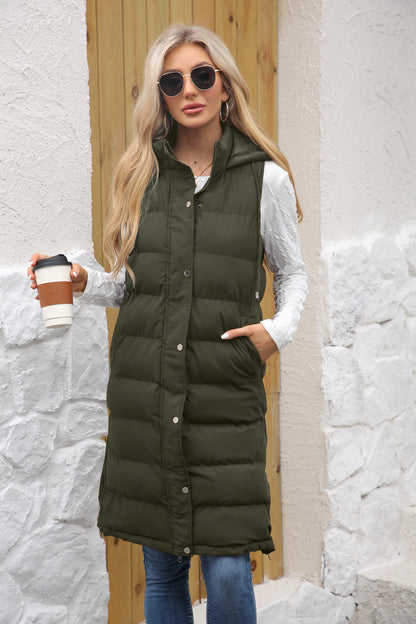 Women's Long Hooded Sleeveless Quilted Puffer Vest