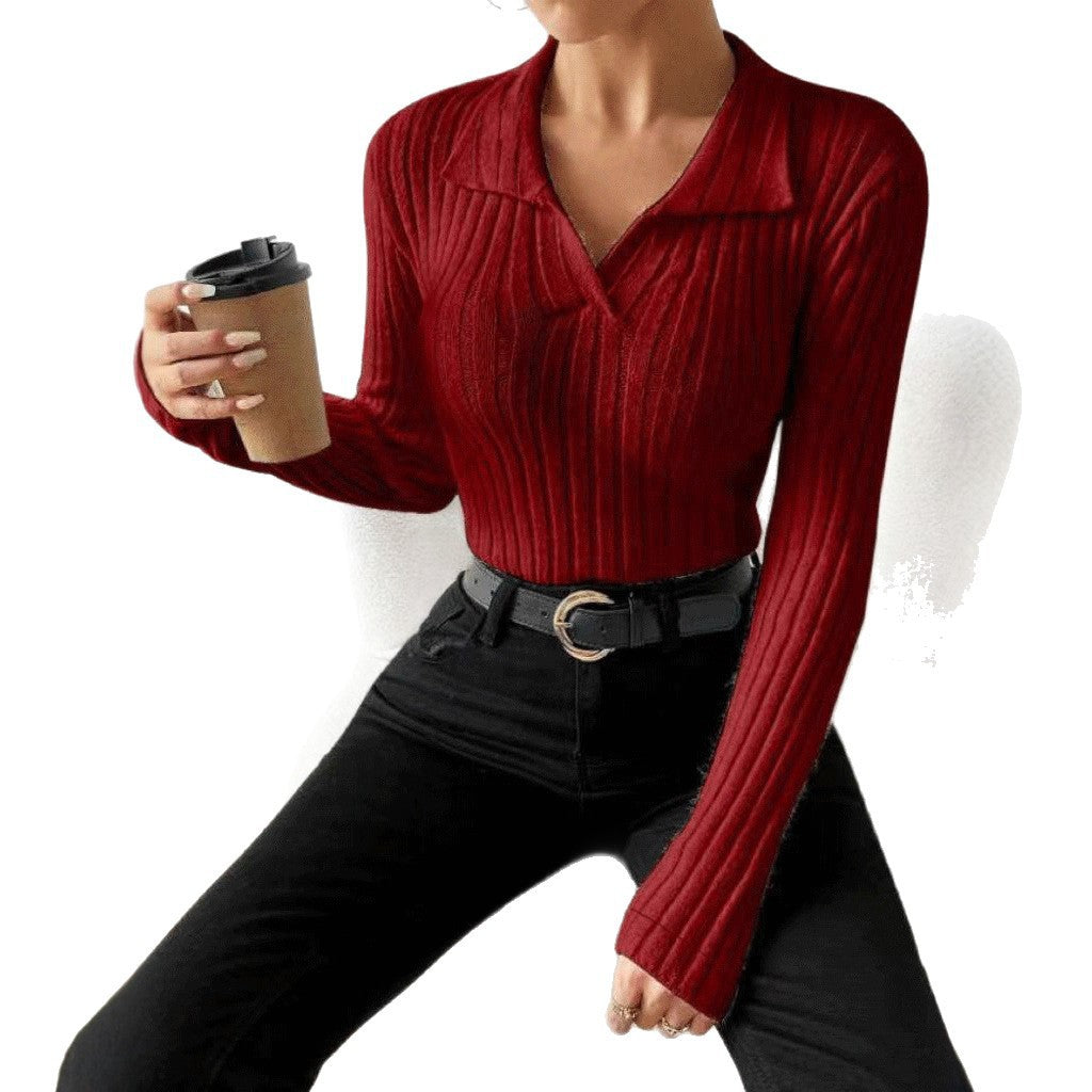 Women's Ribbed Knit Collared V Neck Long Sleeve Top