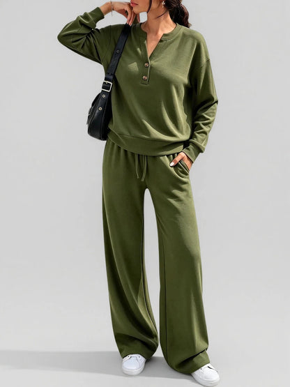 Women's 2 Piece Lounge Set Henley Wide Leg Pants