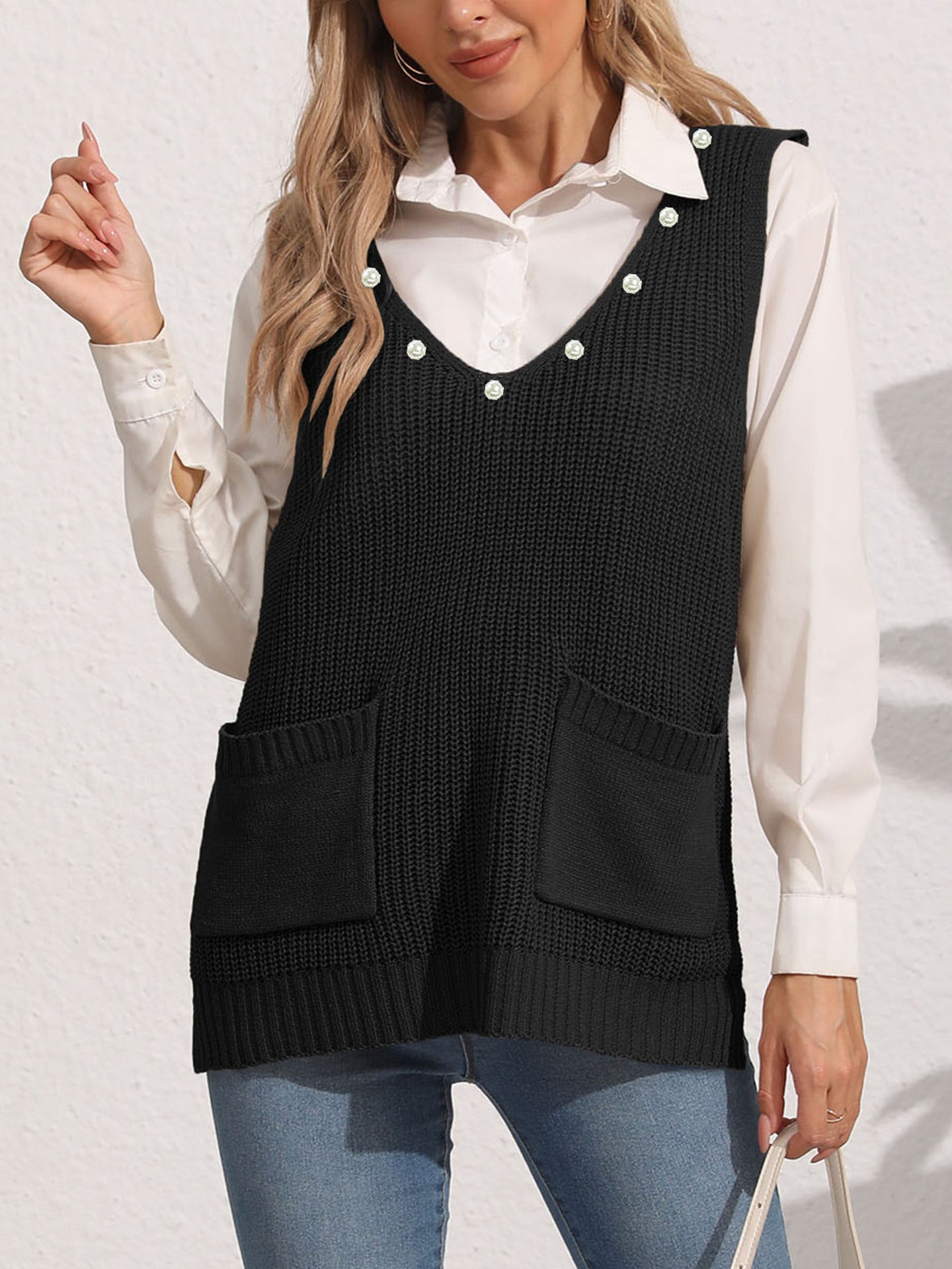 Women's Vest Double Pocket Splicing V-Neck Casual Pearl Vest Sweater
