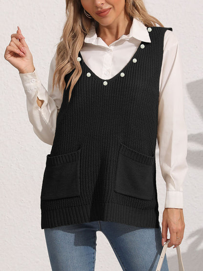 Women's Vest Double Pocket Splicing V-Neck Casual Pearl Vest Sweater