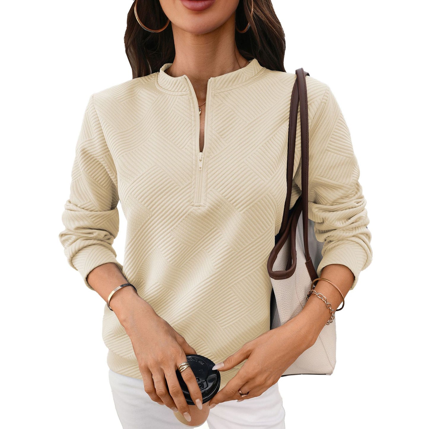 Quilted Half Zip Sweatshirt Loose Textured Pullover