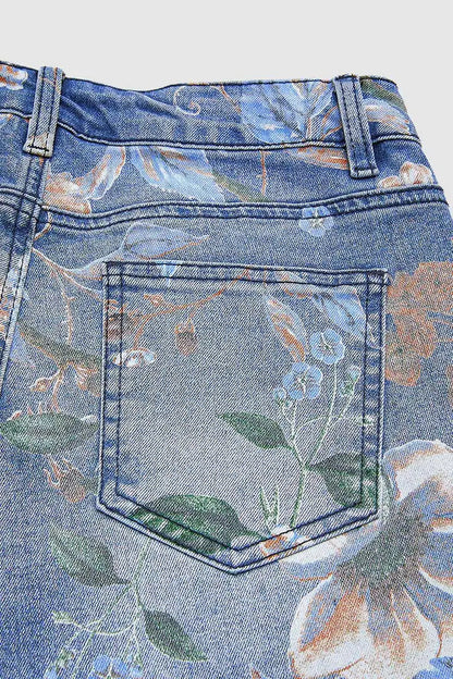 Floral Print High Waist Wide Leg Denim Jeans
