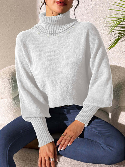 Women's Bottoming Shirt Solid Color Simple Beaded Turtleneck Sweater