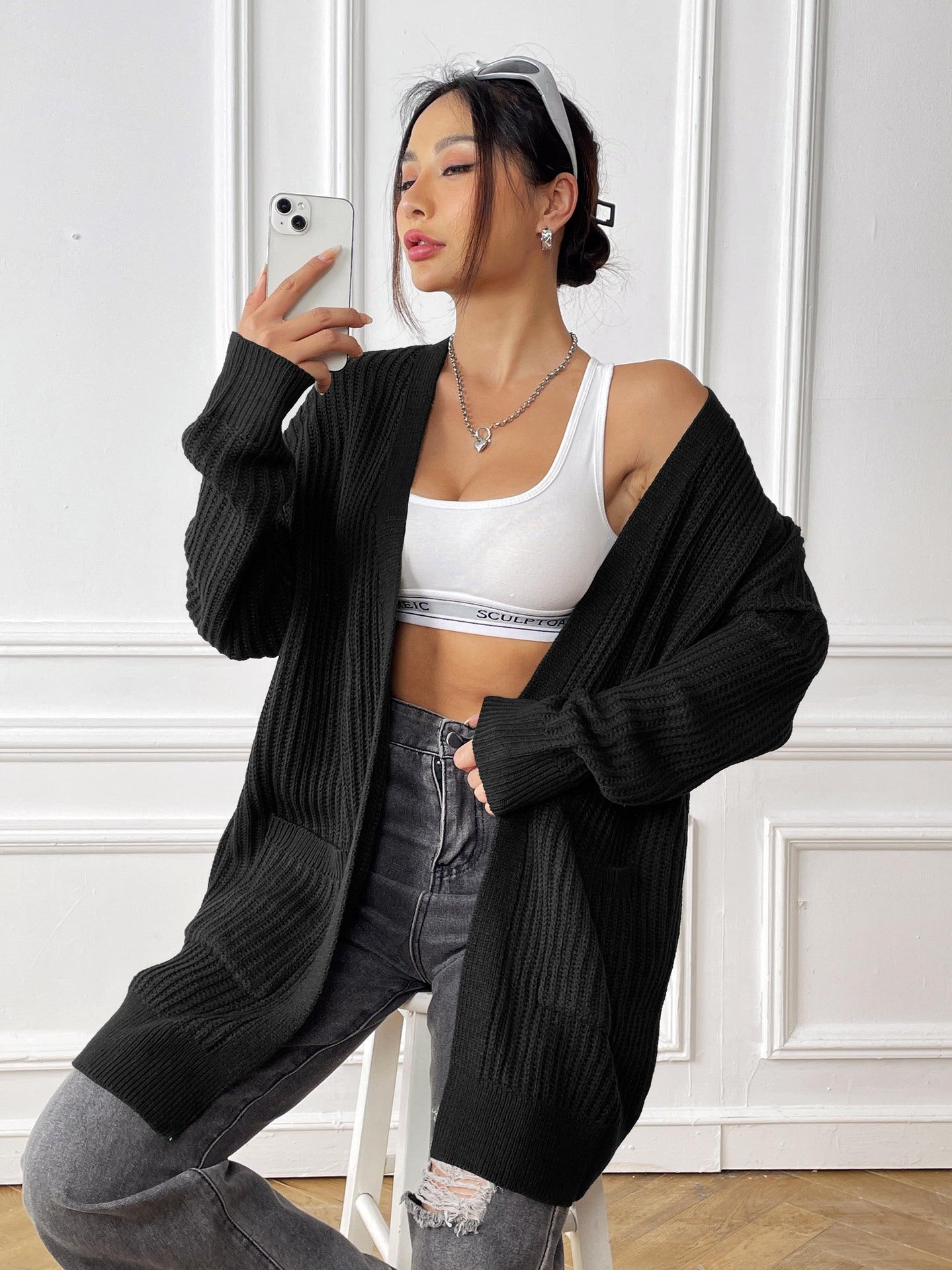 Autumn and Winter Women's Long-sleeved Double-pocket Casual Cardigan Jacket