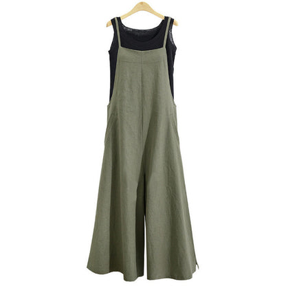 Women's Linen Cotton Wide Leg Jumpsuit Sleeveless Casual