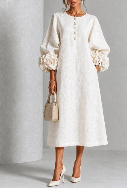 Women's Linen Midi Dress 3D Floral Cuff Button Front