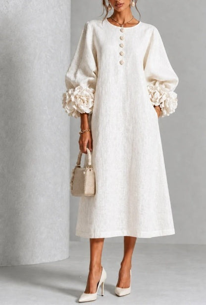 Women's Linen Midi Dress 3D Floral Cuff Button Front
