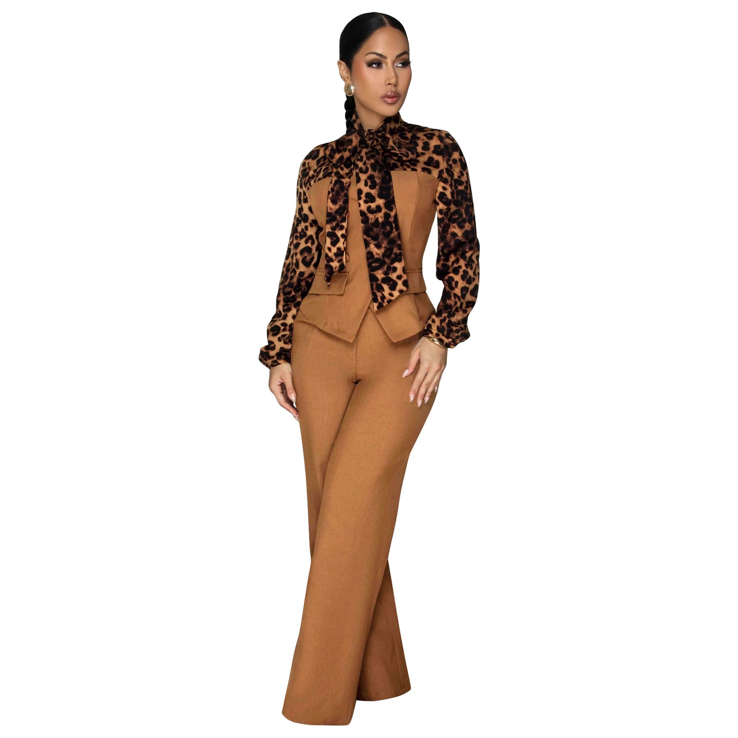 Leopard Print Tie Neck Blouse & Wide Leg Pants Set